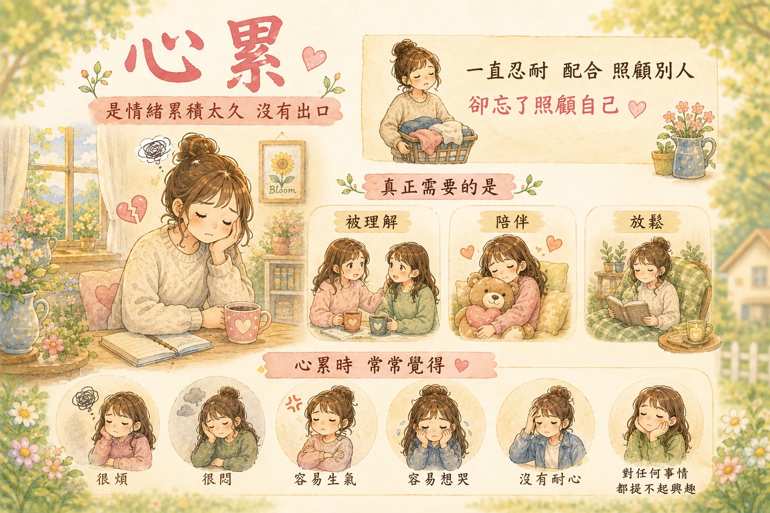心累:一直忍耐配合照顧別人,真正需要的是被理解、陪伴、放鬆