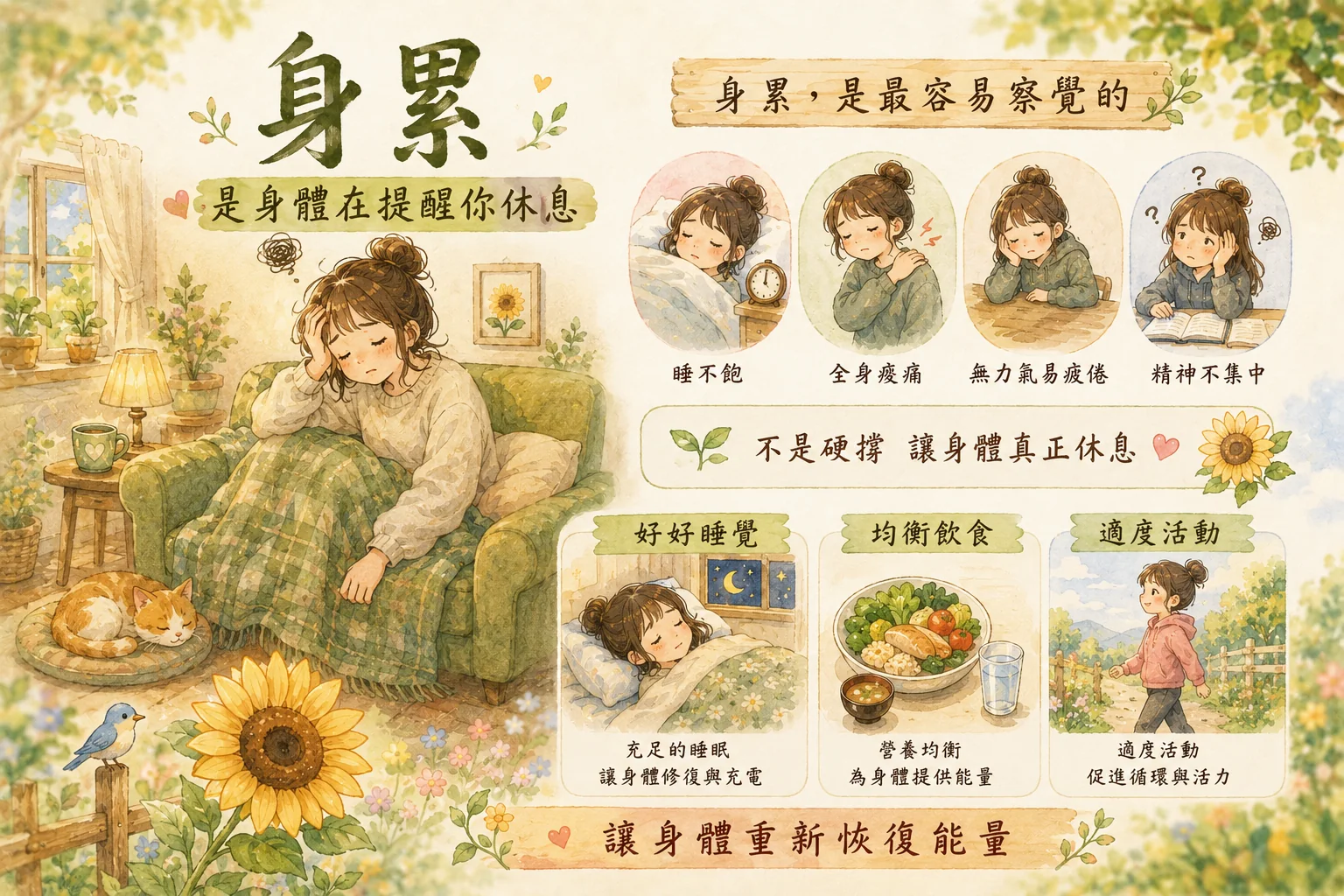 身累:睡不飽、全身痠痛、無力氣、易疲倦,需要好好睡覺、均衡飲食、適度活動